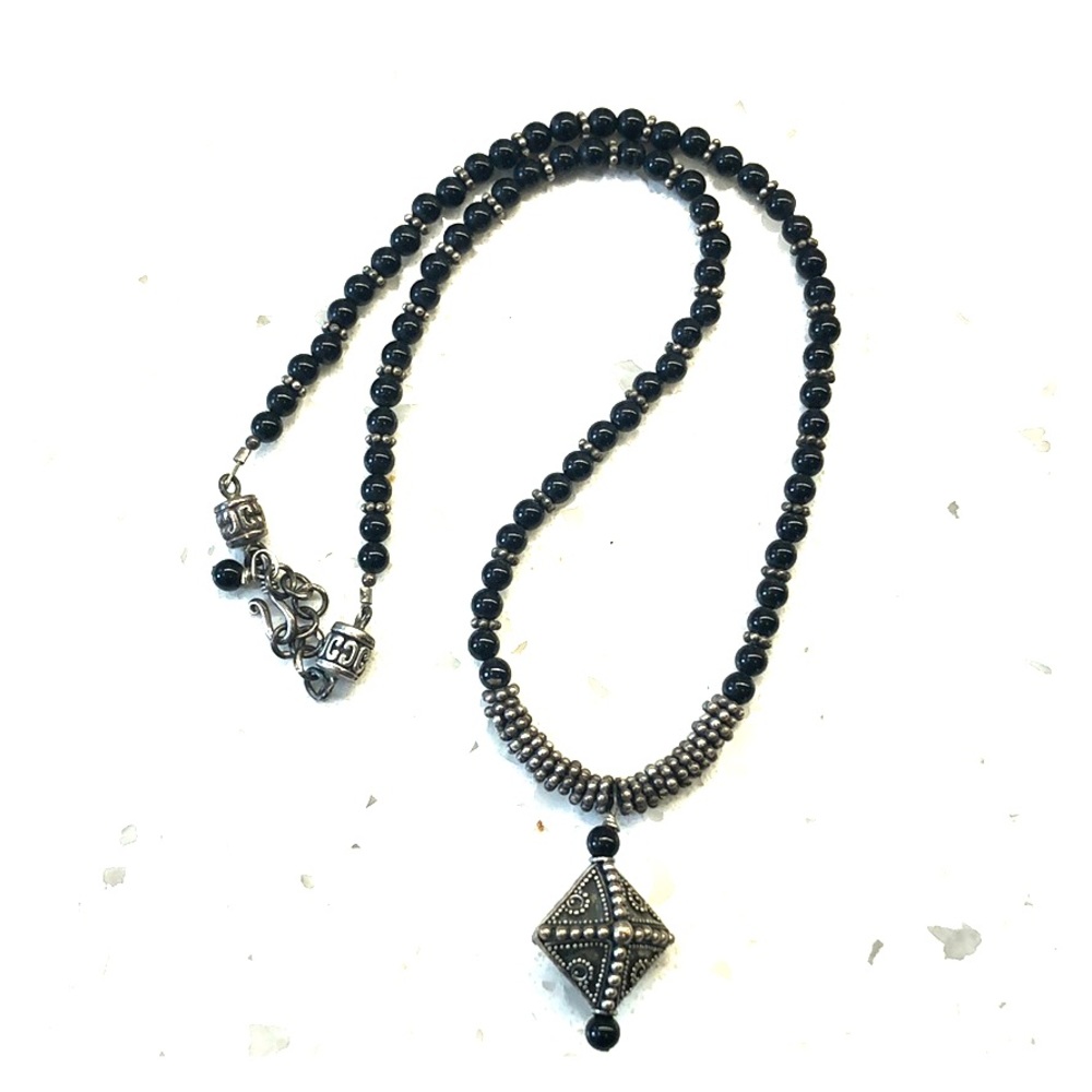 16” sterling silver and black bead necklace.